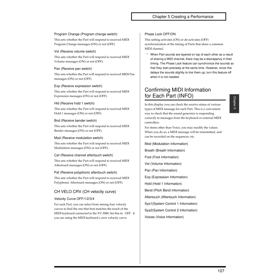 Roland XV-3080 owner manual Confirming Midi Information for Each Part Info, CH Velo CRV CH velocity curve, 107 