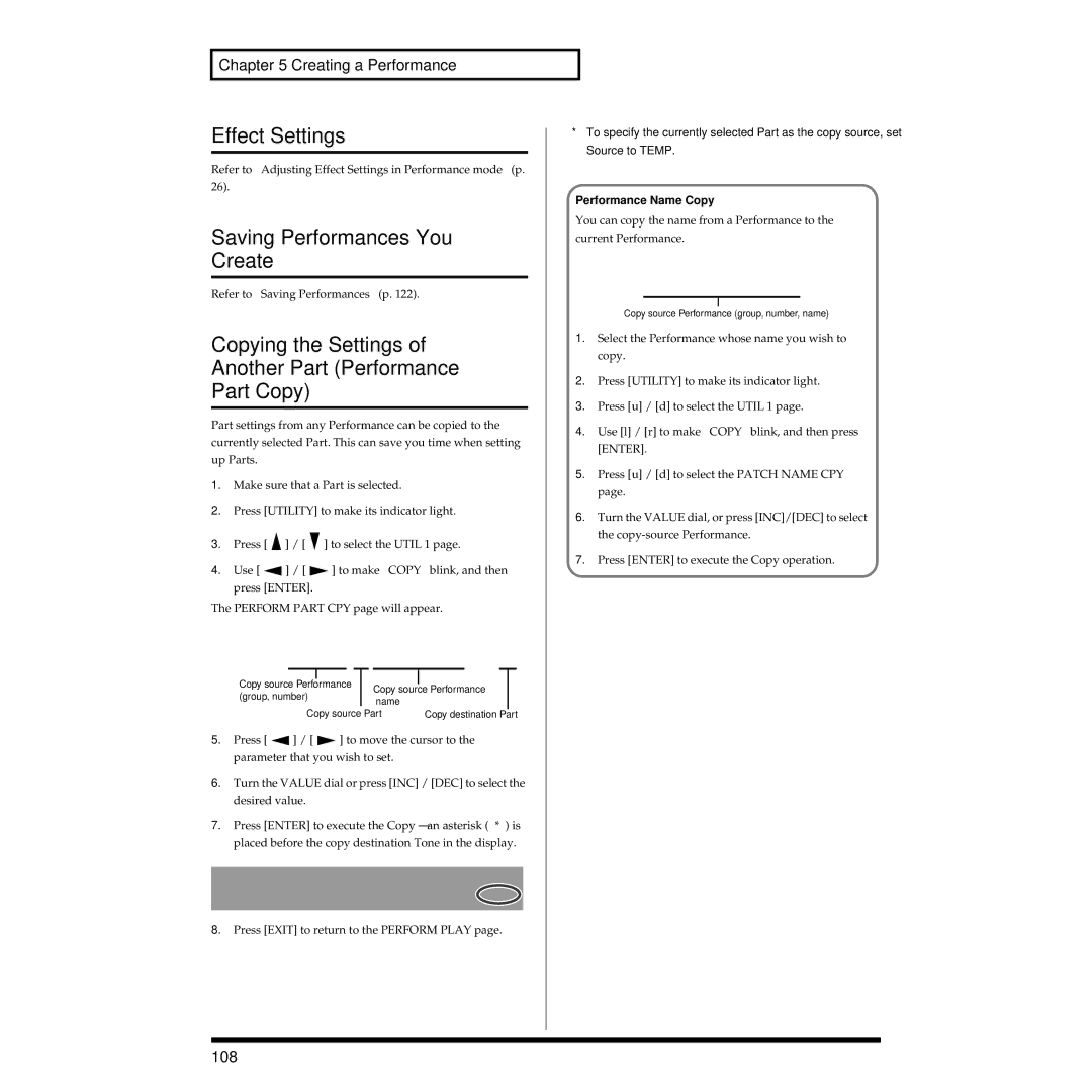 Roland XV-3080 Effect Settings, Saving Performances You Create, Copying the Settings Another Part Performance Part Copy 