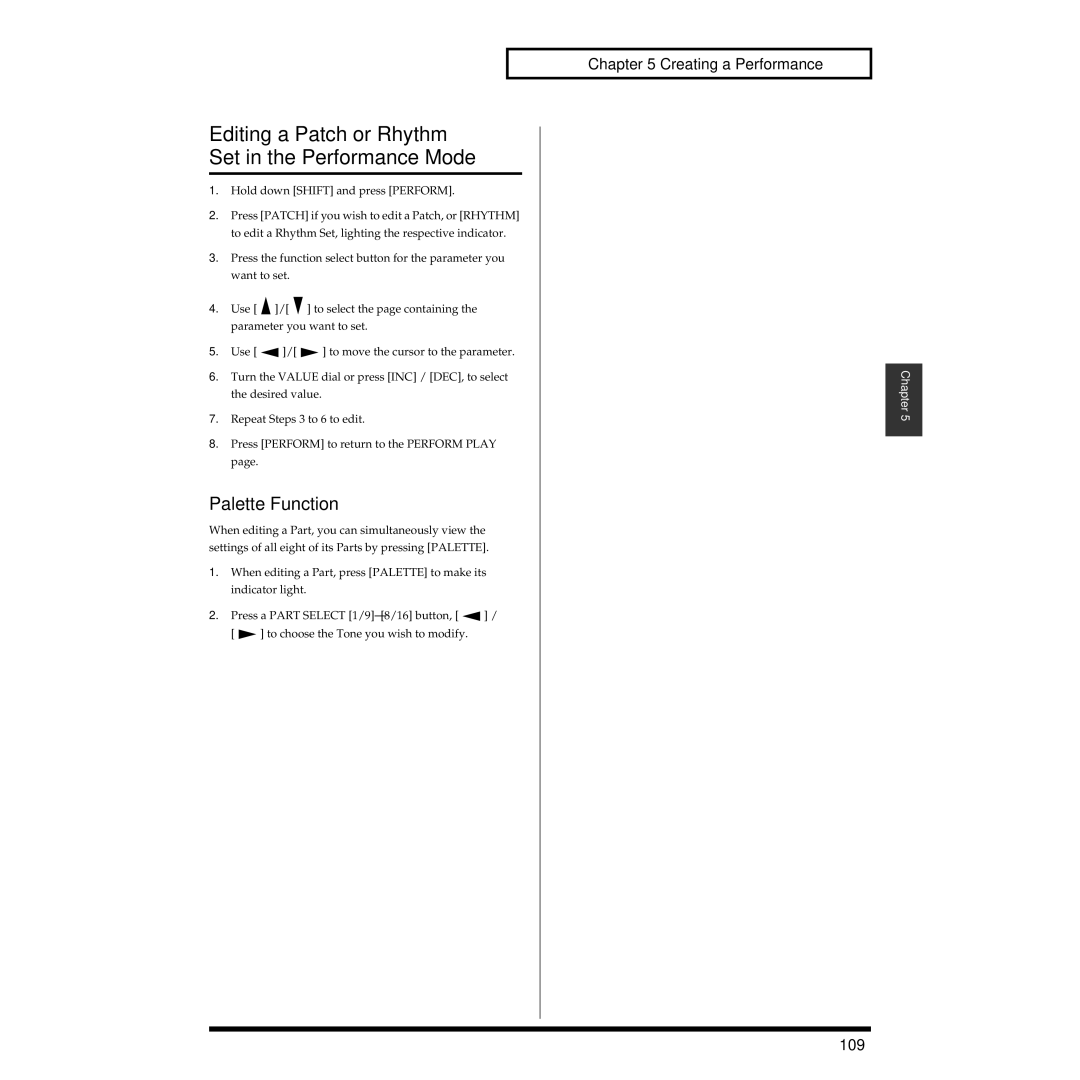 Roland XV-3080 owner manual Editing a Patch or Rhythm Set in the Performance Mode, Palette Function, 109 