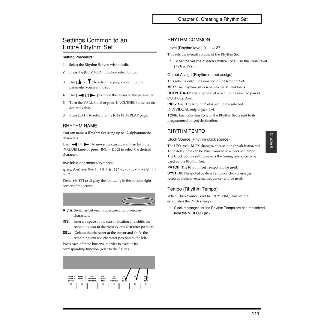 Roland XV-3080 owner manual Settings Common to an Entire Rhythm Set, Rhythm Name, Rhythm Common, Rhythm Tempo 