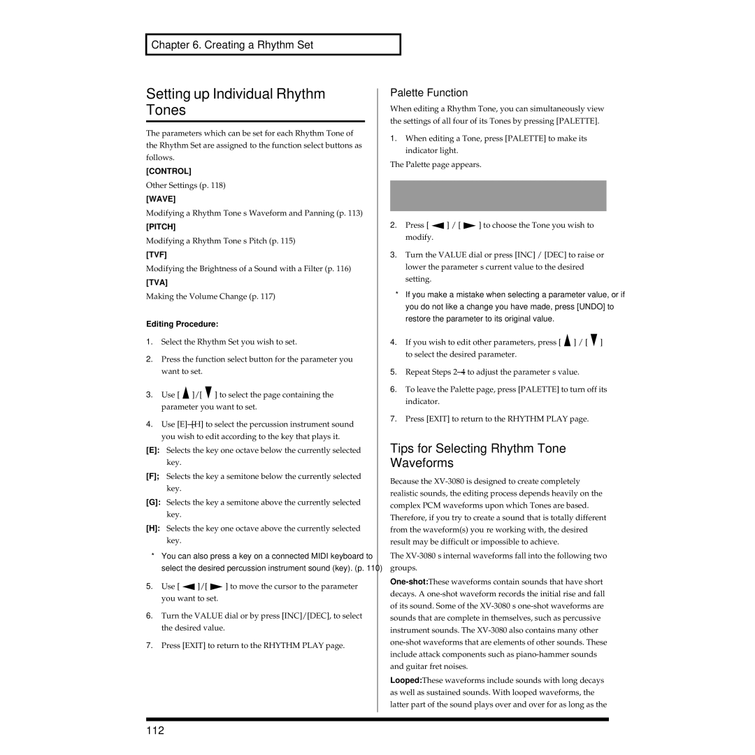 Roland XV-3080 Setting up Individual Rhythm Tones, Tips for Selecting Rhythm Tone Waveforms, 112, Editing Procedure 