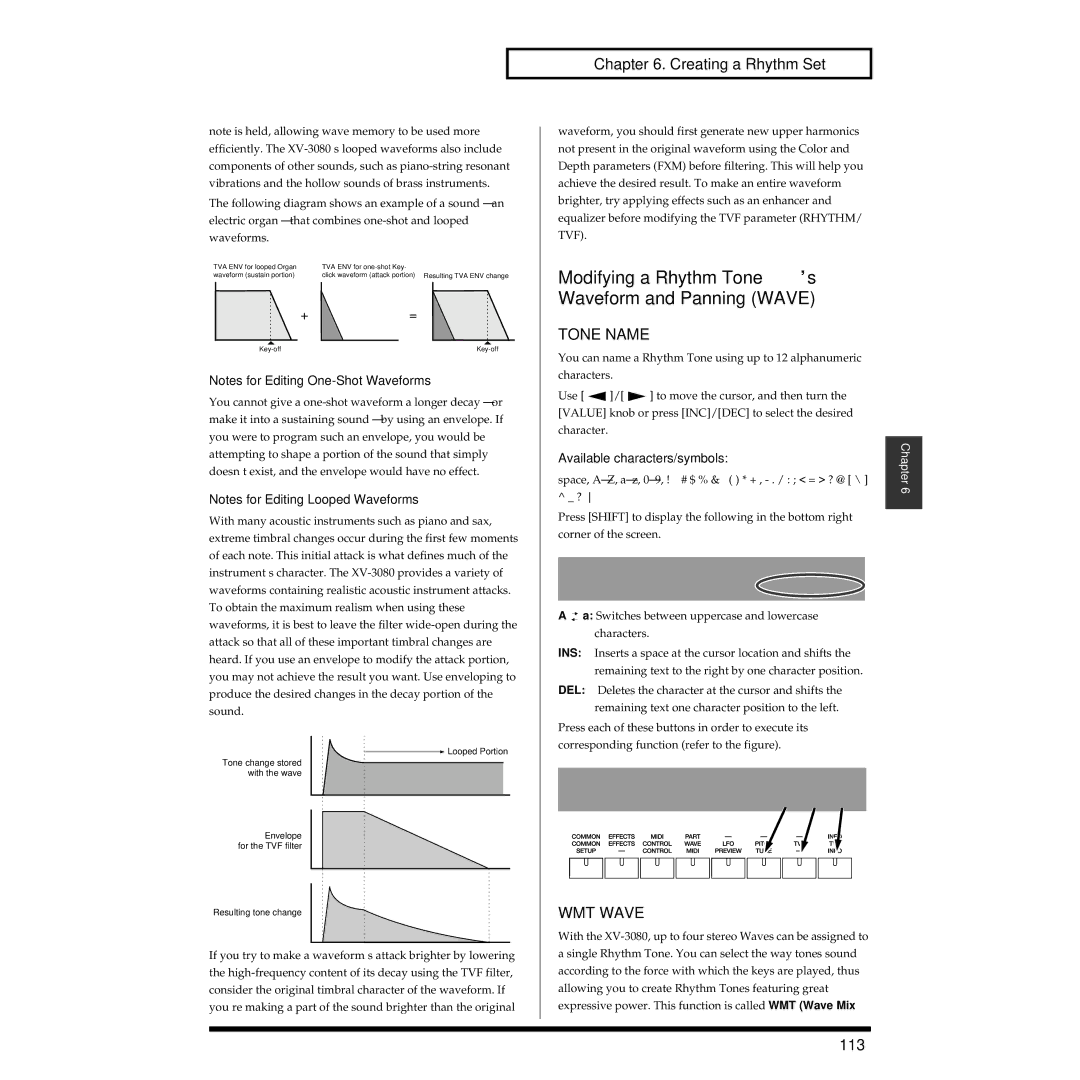 Roland XV-3080 owner manual Modifying a Rhythm Tone’s Waveform and Panning Wave, Tone Name, WMT Wave, 113 