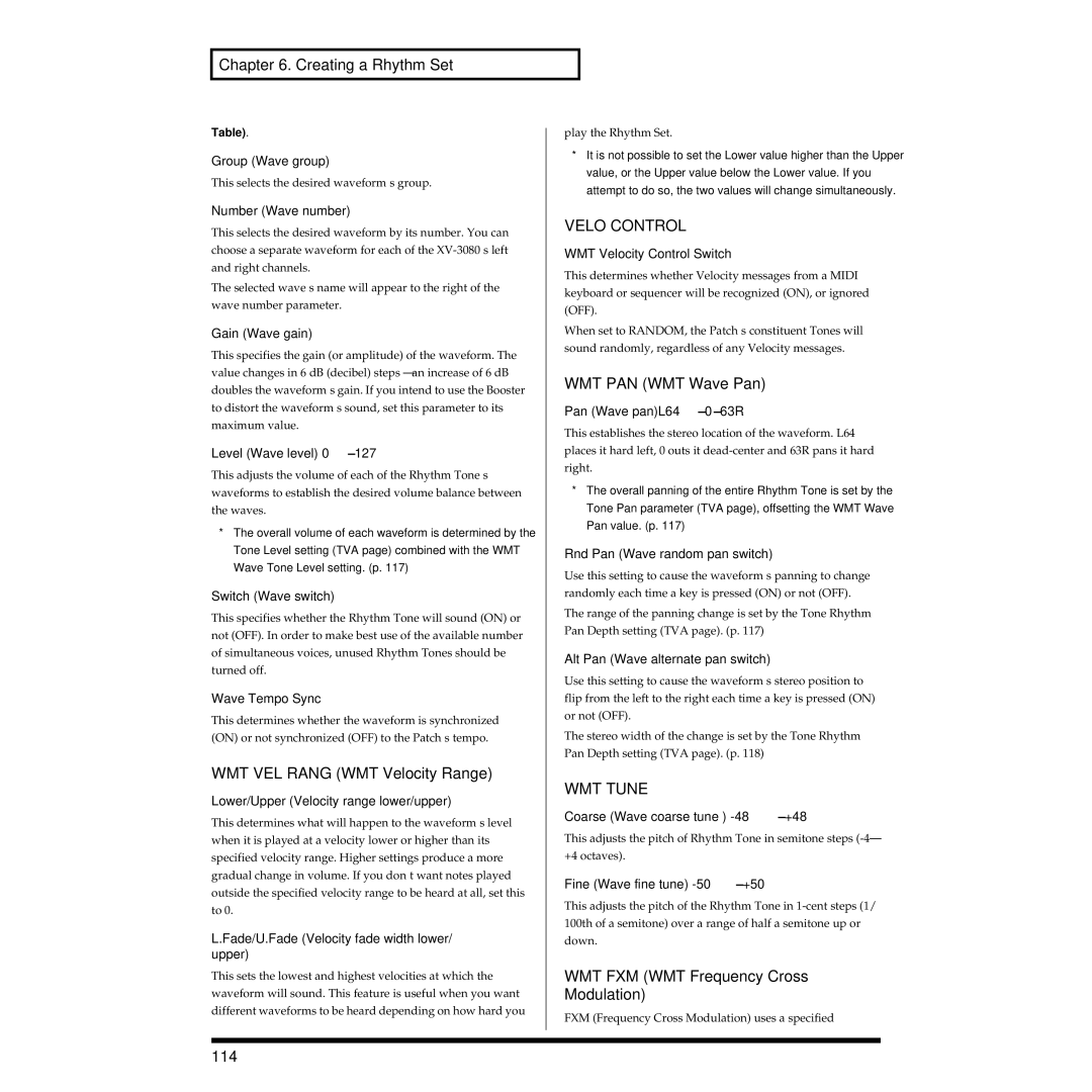 Roland XV-3080 owner manual Velo Control, WMT Tune 