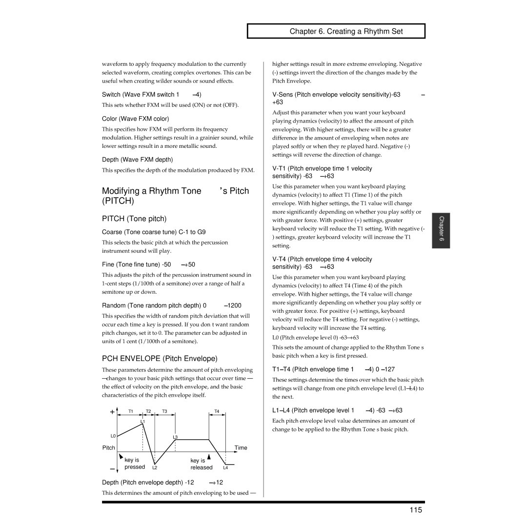 Roland XV-3080 owner manual Modifying a Rhythm Tone’s Pitch Pitch, Pitch Tone pitch, 115 