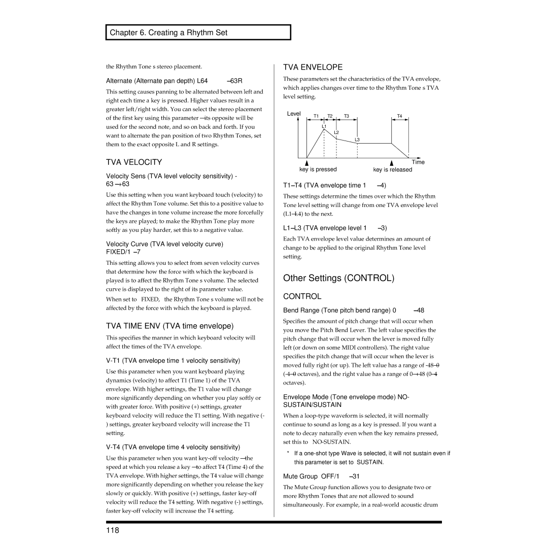Roland XV-3080 owner manual Other Settings Control, TVA Velocity, 118 