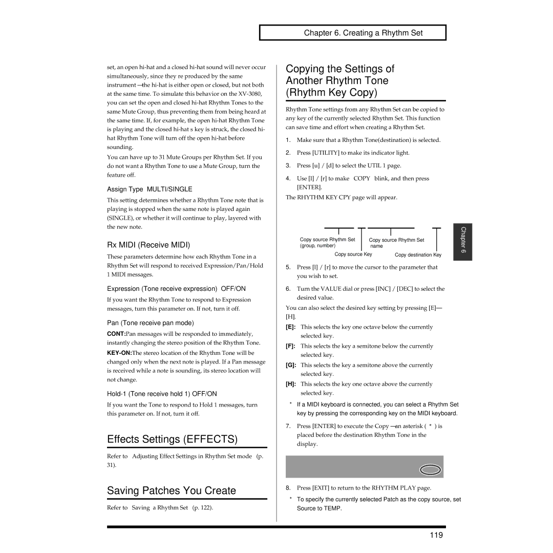 Roland XV-3080 Effects Settings Effects, Copying the Settings Another Rhythm Tone Rhythm Key Copy, Rx Midi Receive Midi 