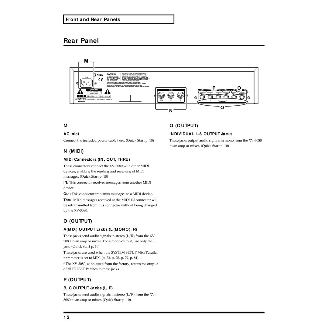 Roland XV-3080 owner manual Rear Panel, Midi, Output 