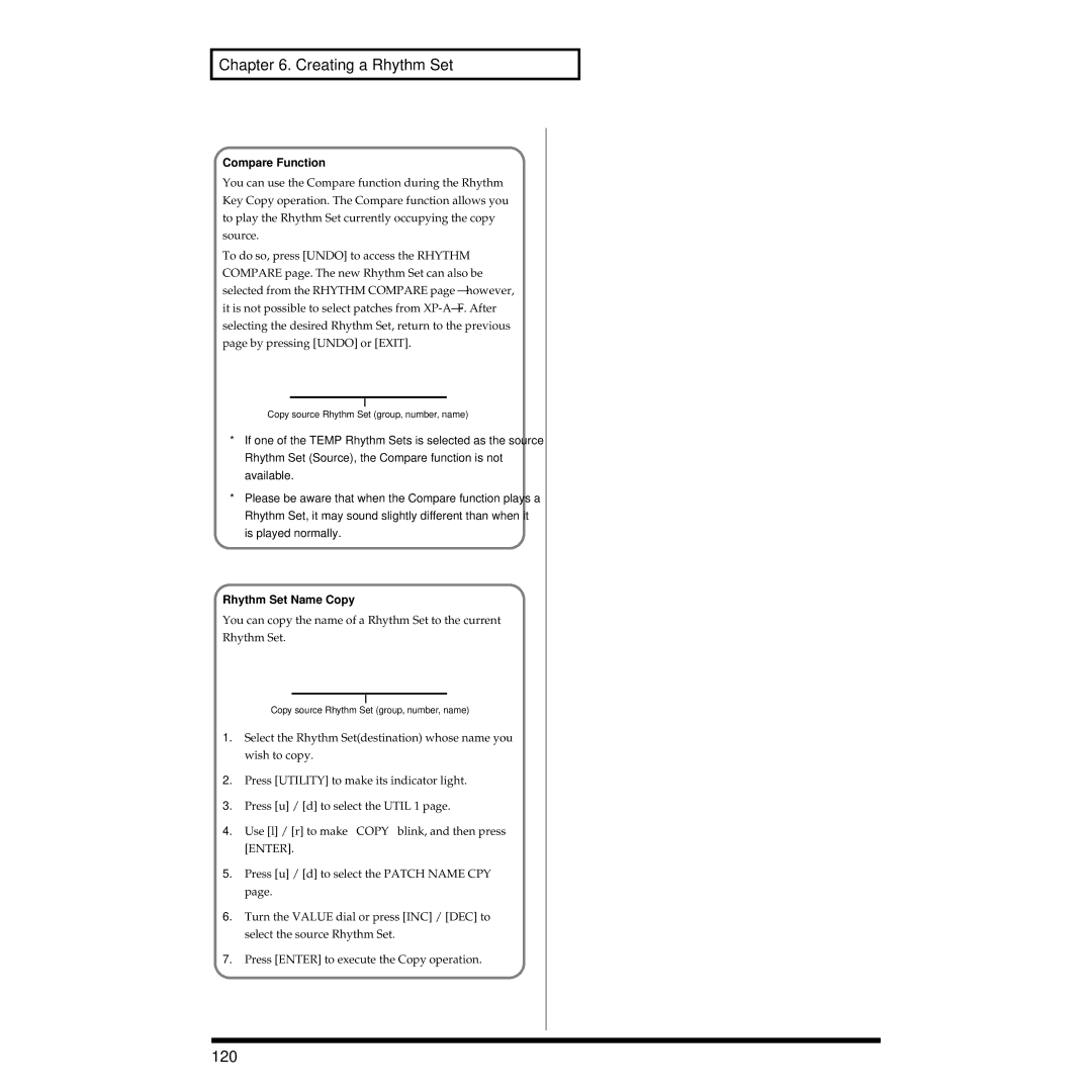 Roland XV-3080 owner manual 120, Rhythm Set Name Copy 