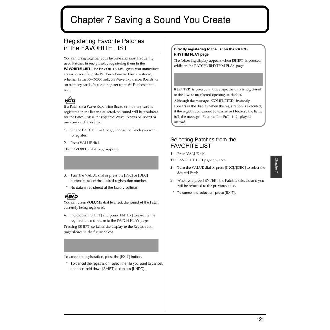 Roland XV-3080 Saving a Sound You Create, Registering Favorite Patches in the Favorite List, Selecting Patches from, 121 