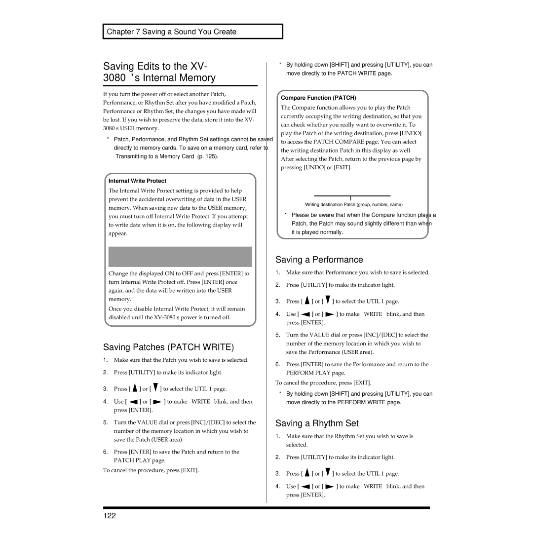 Roland XV-3080 Saving Edits to the XV- 3080’s Internal Memory, Saving Patches Patch Write, Saving a Performance 