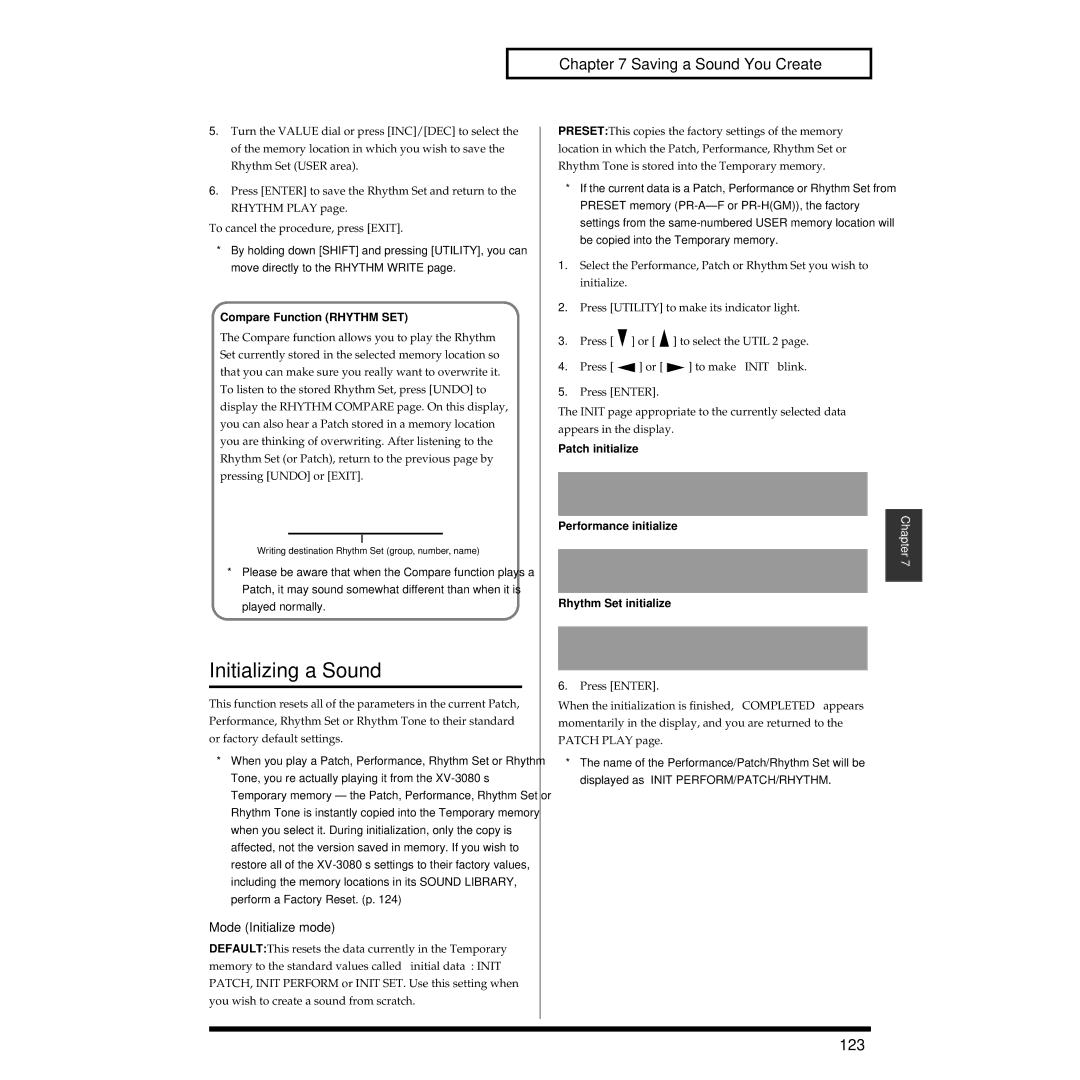 Roland XV-3080 owner manual Initializing a Sound, 123, Mode Initialize mode, Compare Function Rhythm SET 