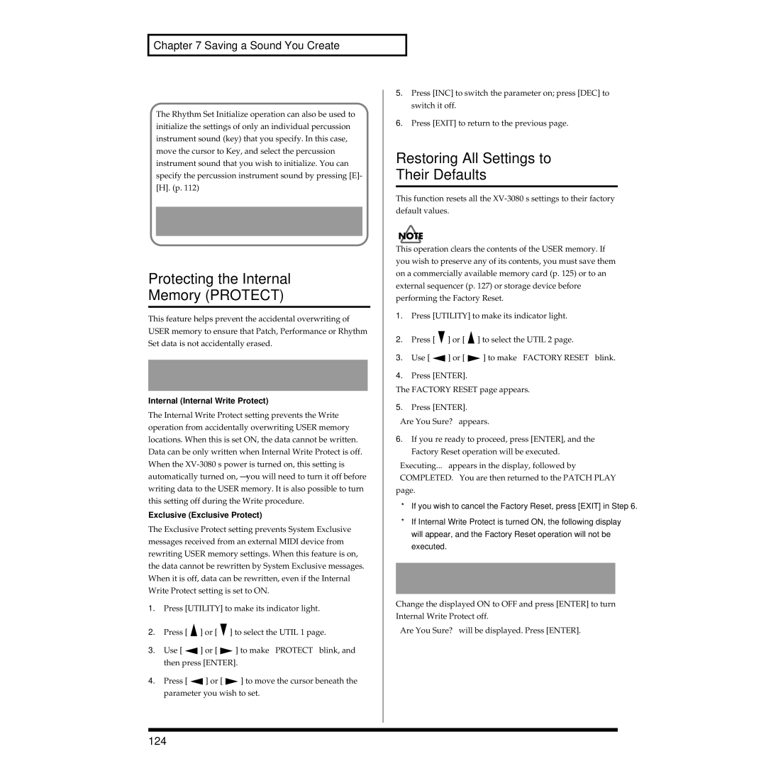 Roland XV-3080 owner manual Protecting the Internal Memory Protect, Restoring All Settings to Their Defaults, 124 