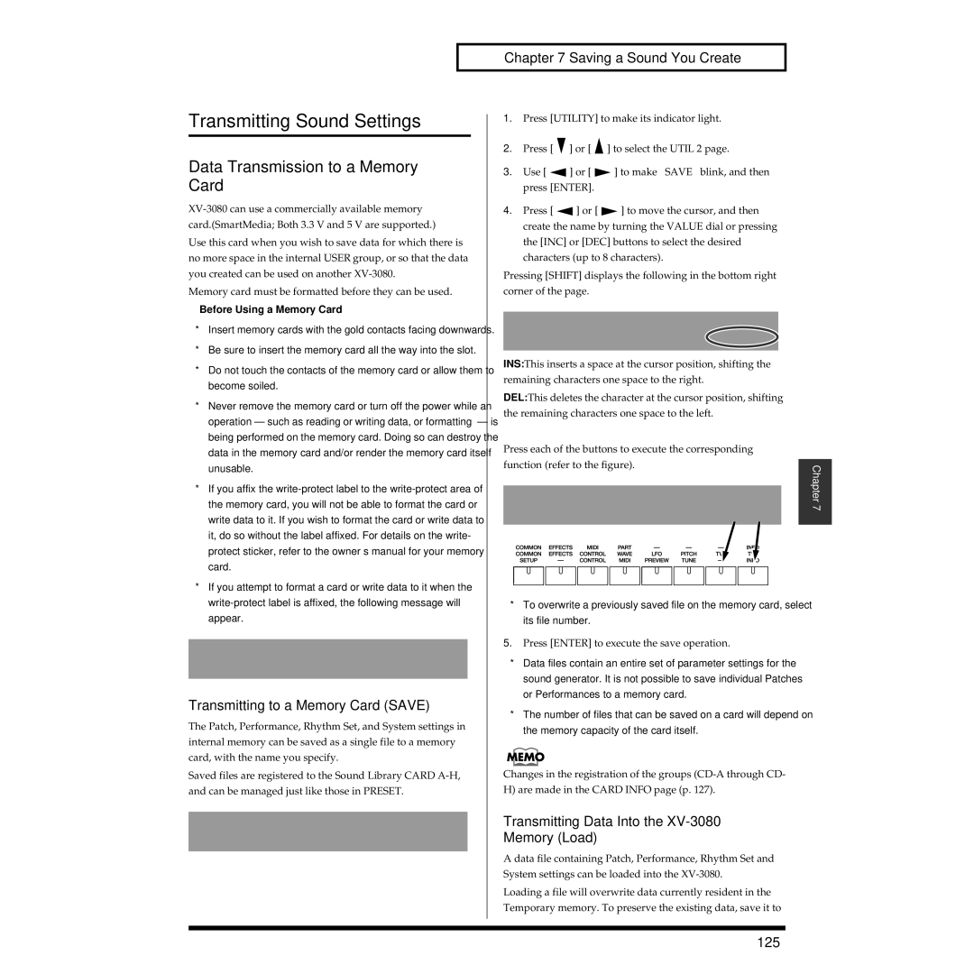Roland XV-3080 Transmitting Sound Settings, Data Transmission to a Memory Card, Transmitting to a Memory Card Save, 125 