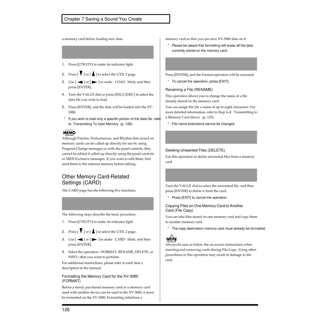 Roland XV-3080 owner manual Other Memory Card-Related Settings Card, 126 