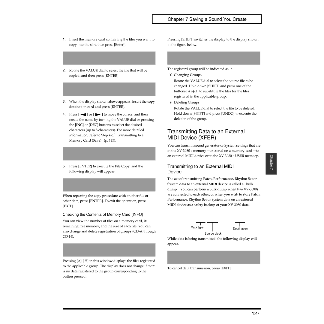 Roland XV-3080 owner manual Transmitting Data to an External Midi Device Xfer, Transmitting to an External Midi, 127 