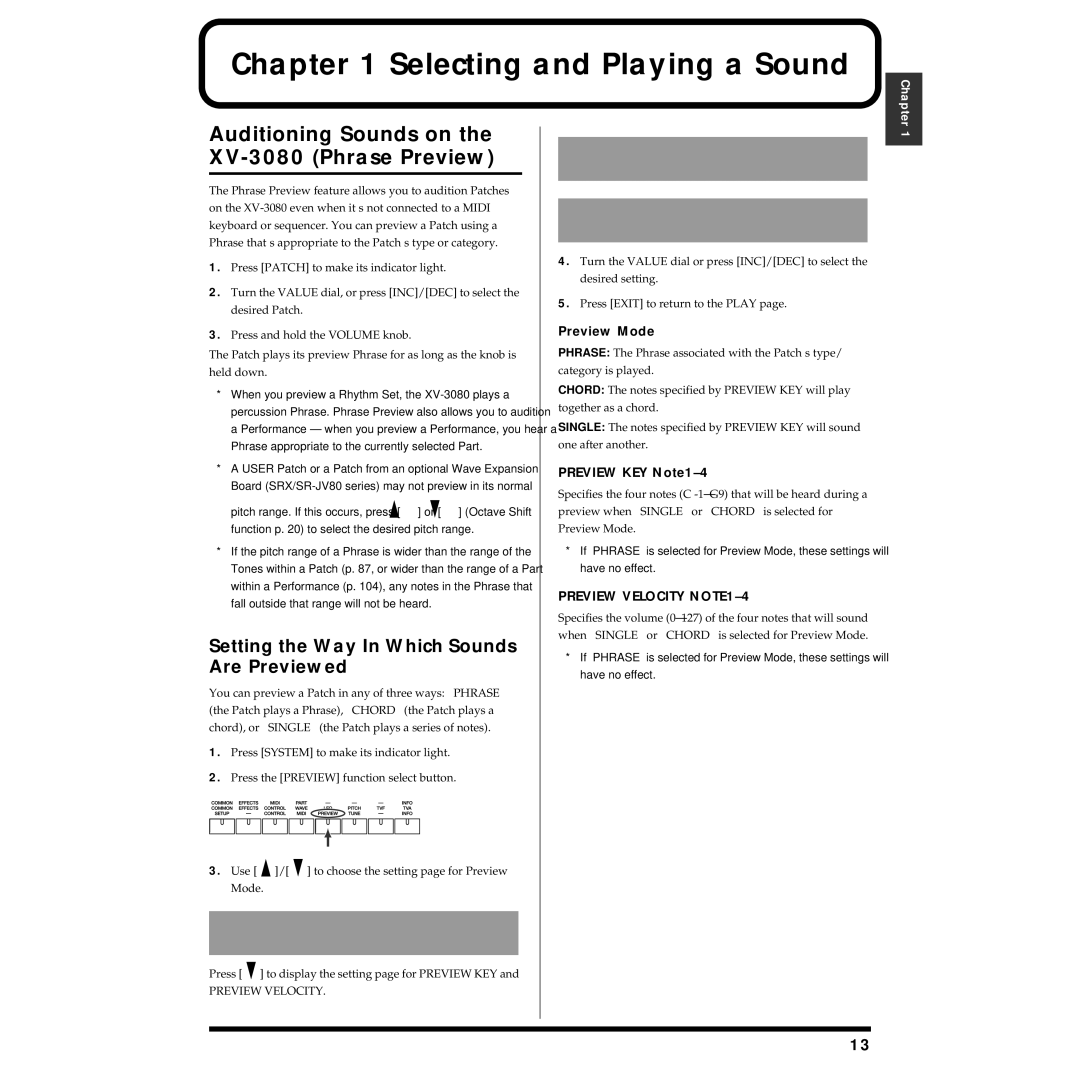 Roland Auditioning Sounds on the XV-3080 Phrase Preview, Setting the Way In Which Sounds Are Previewed, Preview Mode 