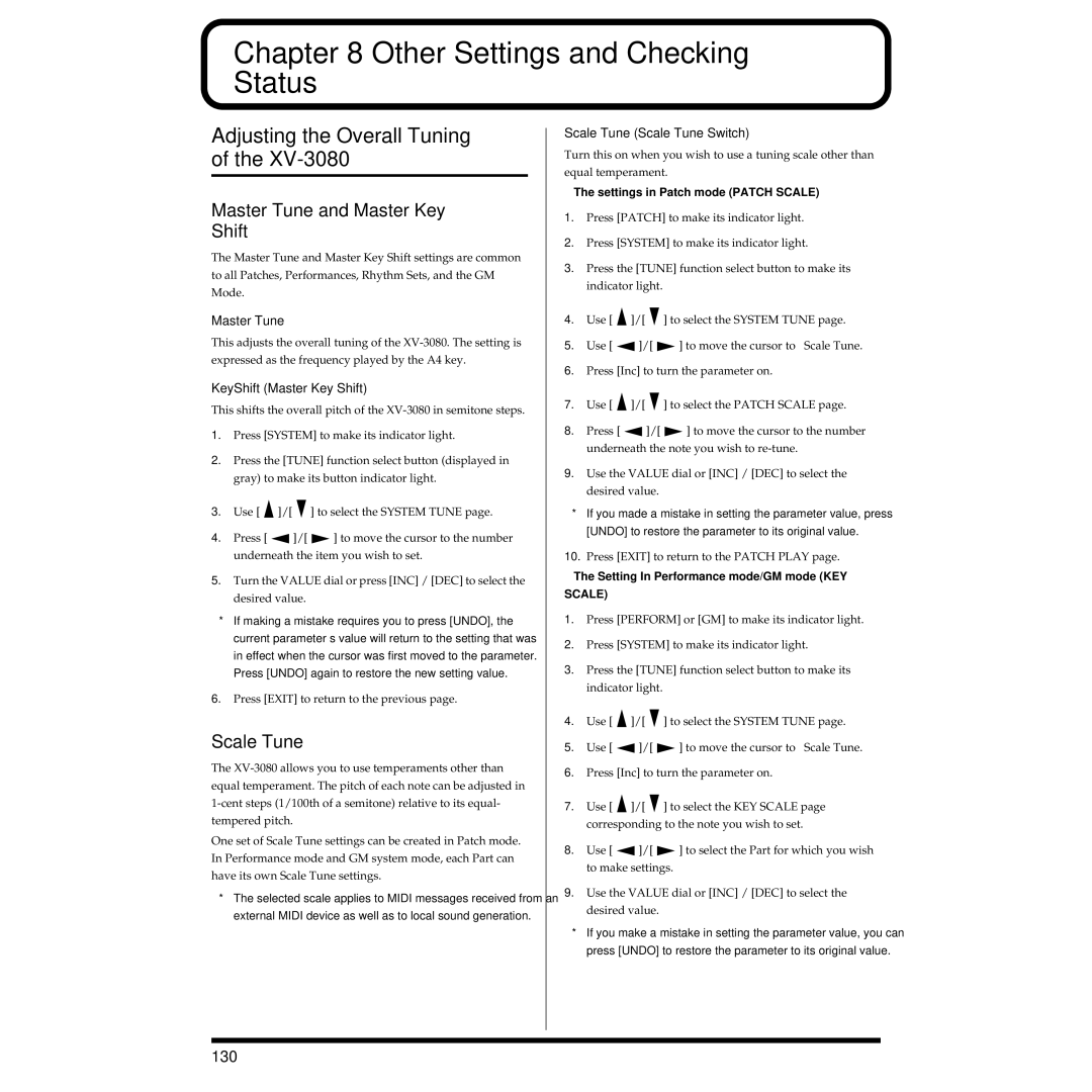 Roland XV-3080 owner manual Adjusting the Overall Tuning, Master Tune and Master Key Shift, Scale Tune, 130 