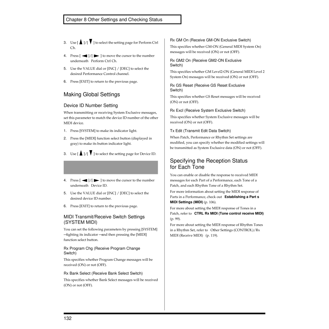 Roland XV-3080 owner manual Making Global Settings, Specifying the Reception Status for Each Tone, System Midi 