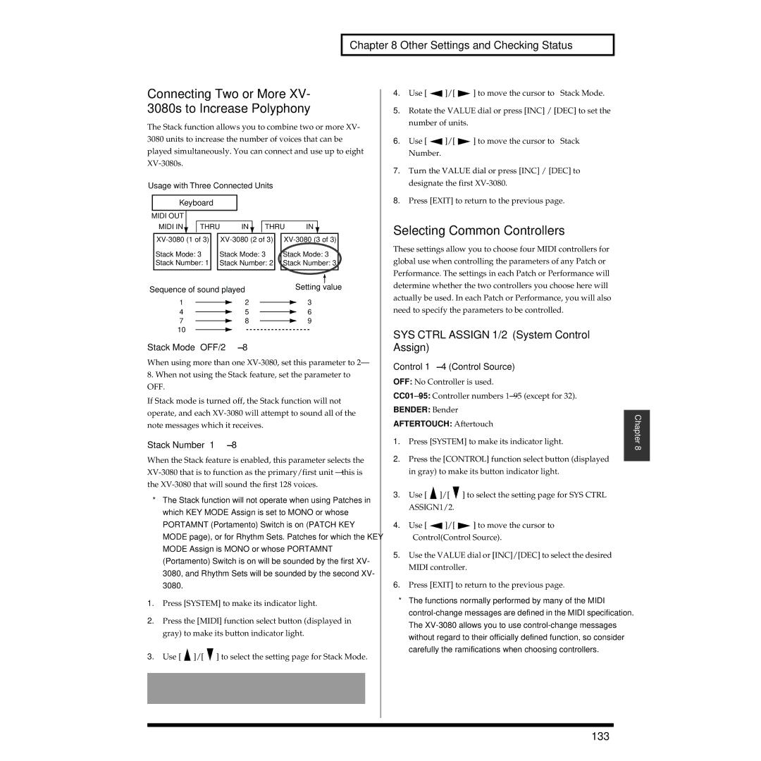 Roland XV-3080 owner manual Connecting Two or More XV- 3080s to Increase Polyphony, Selecting Common Controllers, 133 