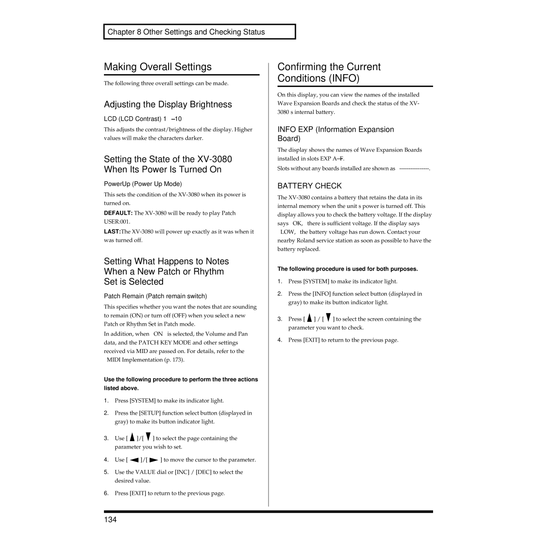 Roland XV-3080 Making Overall Settings, Confirming the Current Conditions Info, Adjusting the Display Brightness 