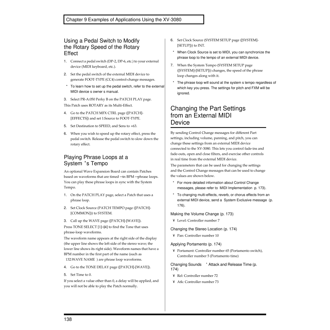 Roland XV-3080 Changing the Part Settings from an External Midi Device, Playing Phrase Loops at a System’s Tempo, 138 