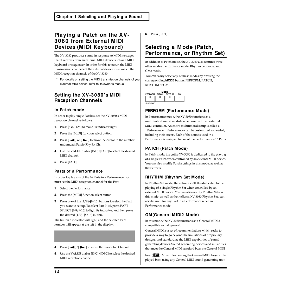 Roland owner manual Playing a Patch on, Setting the XV-3080’s Midi Reception Channels 