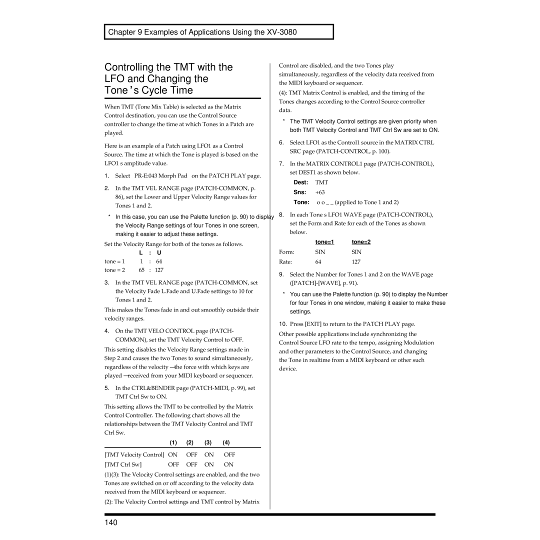 Roland XV-3080 owner manual 140, Dest TMT Sns +63, Tone=1 tone=2 