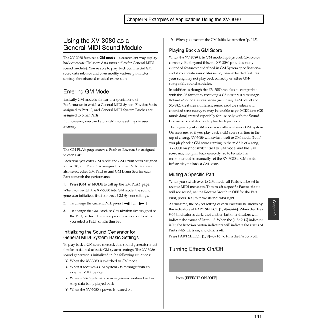 Roland owner manual Using the XV-3080 as a General Midi Sound Module, Entering GM Mode, Turning Effects On/Off 