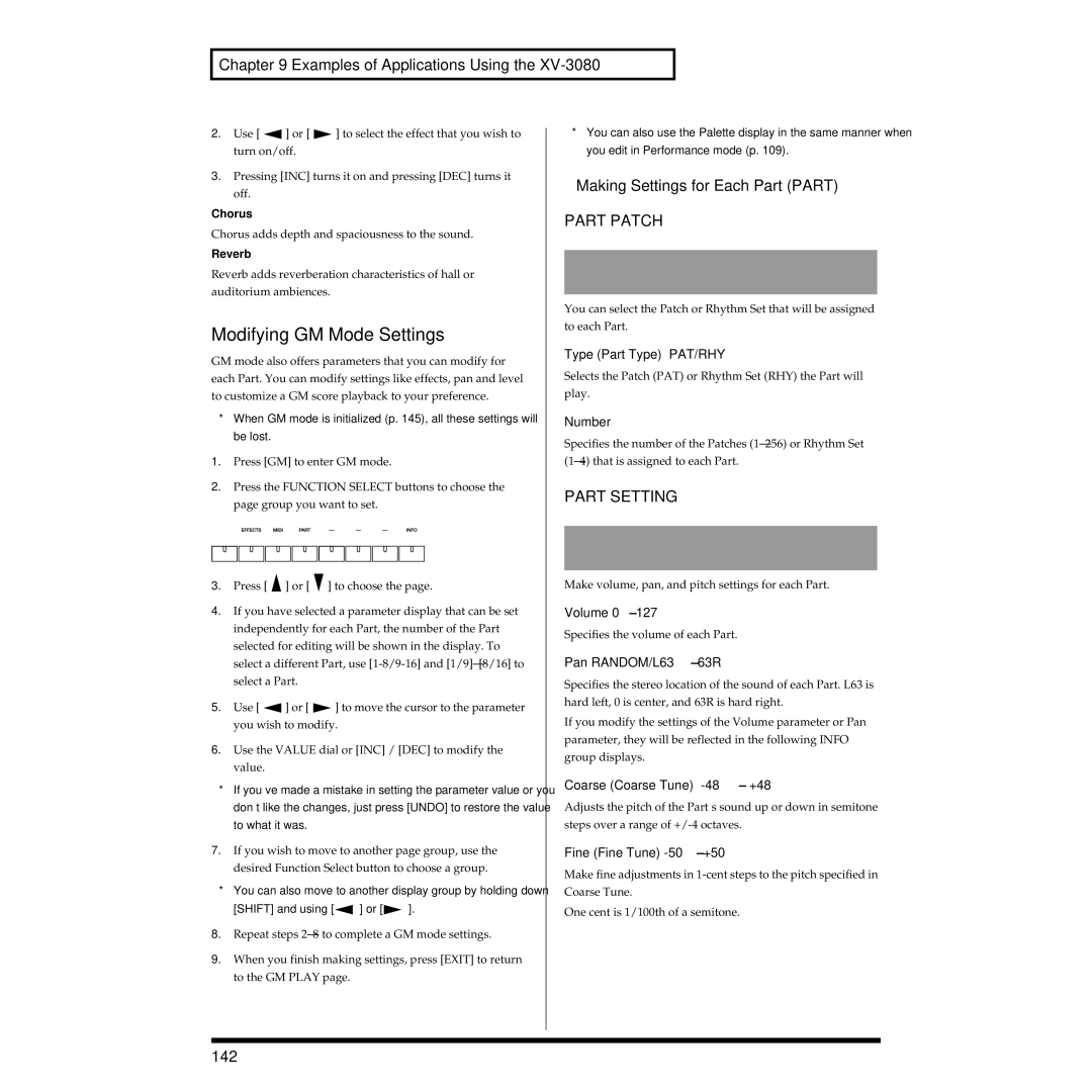 Roland XV-3080 owner manual Modifying GM Mode Settings, Making Settings for Each Part Part, 142 