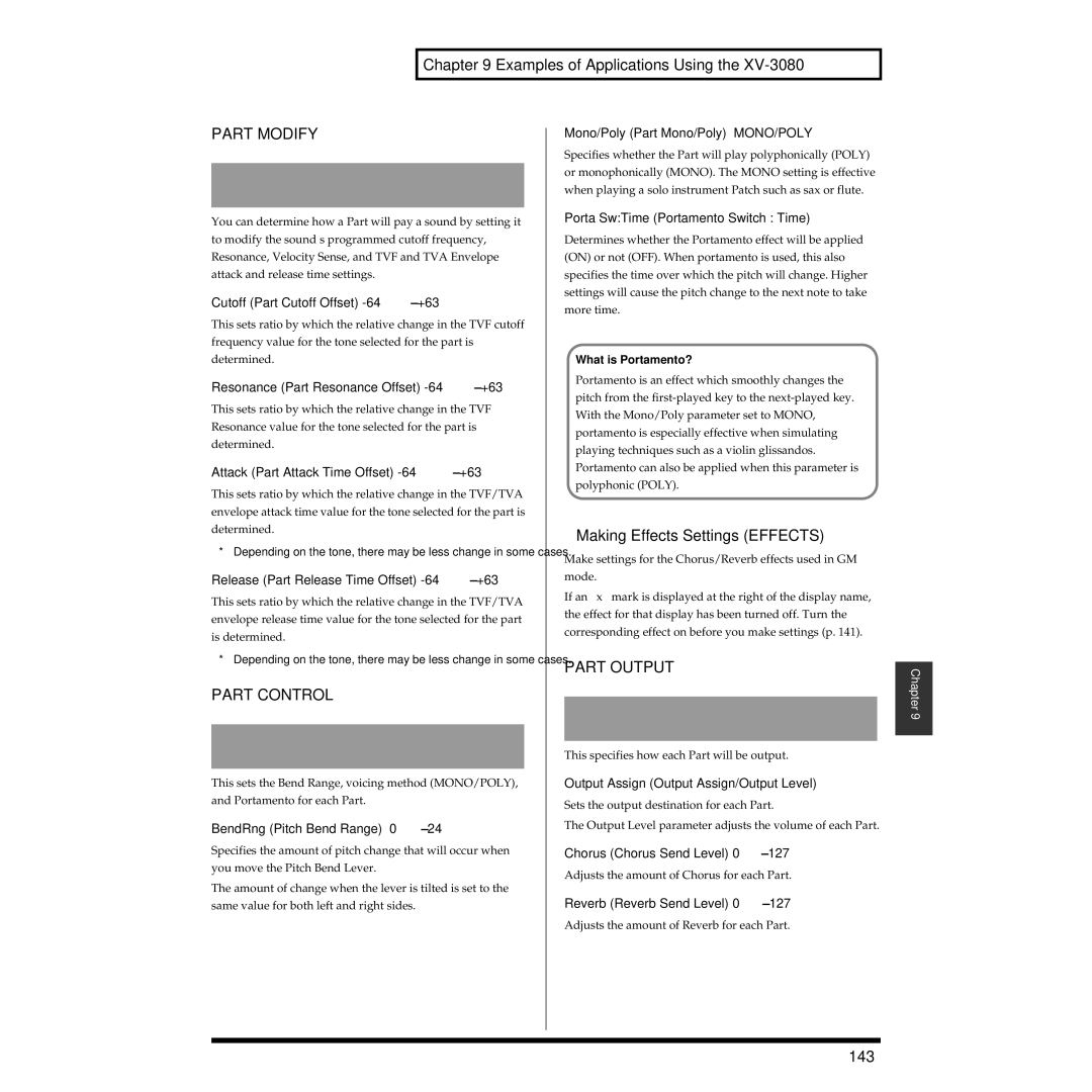 Roland XV-3080 owner manual Making Effects Settings Effects, Part Control, 143 
