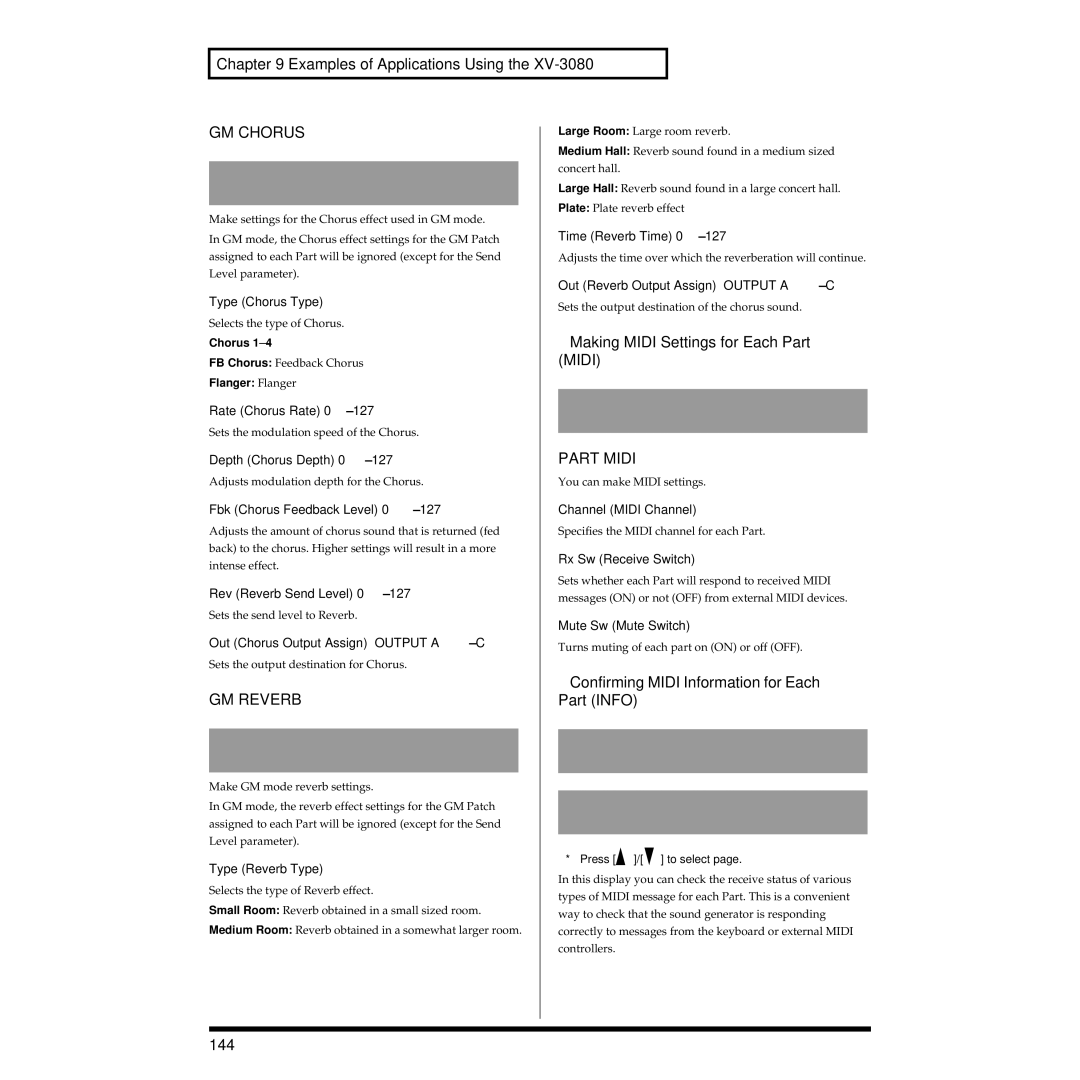 Roland XV-3080 owner manual Making Midi Settings for Each Part Midi, Confirming Midi Information for Each Part Info, 144 