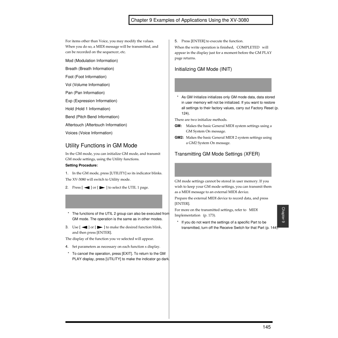 Roland XV-3080 Utility Functions in GM Mode, Initializing GM Mode Init, Transmitting GM Mode Settings Xfer, 145 