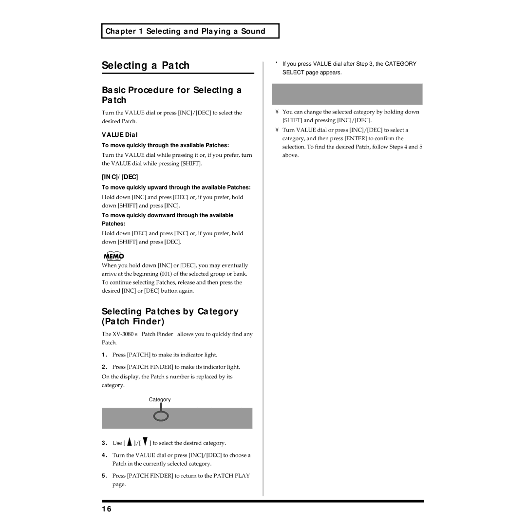 Roland XV-3080 Basic Procedure for Selecting a Patch, Selecting Patches by Category Patch Finder, Value Dial 