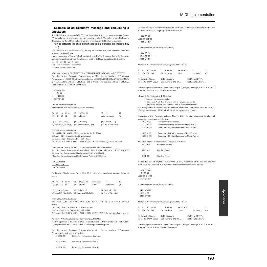 Roland XV-3080 owner manual 193, Example of an Exclusive message and calculating a checksum 