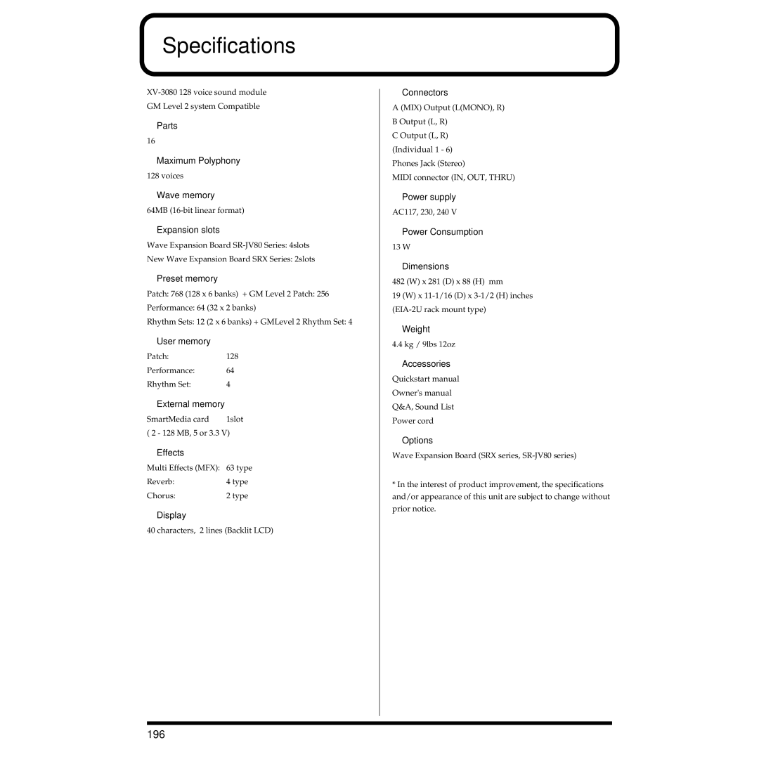 Roland XV-3080 owner manual Specifications, 196 