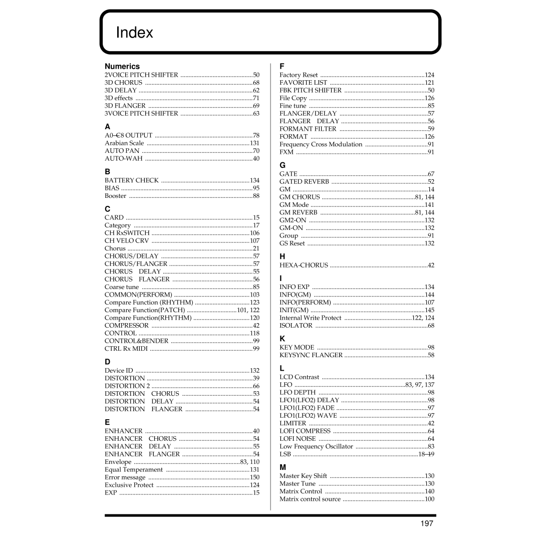 Roland XV-3080 owner manual Index, 197 