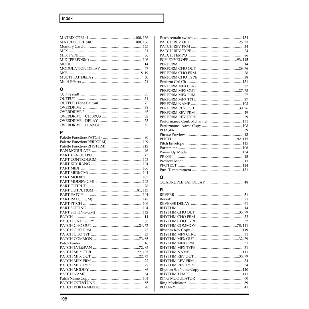 Roland XV-3080 owner manual Index, 198 