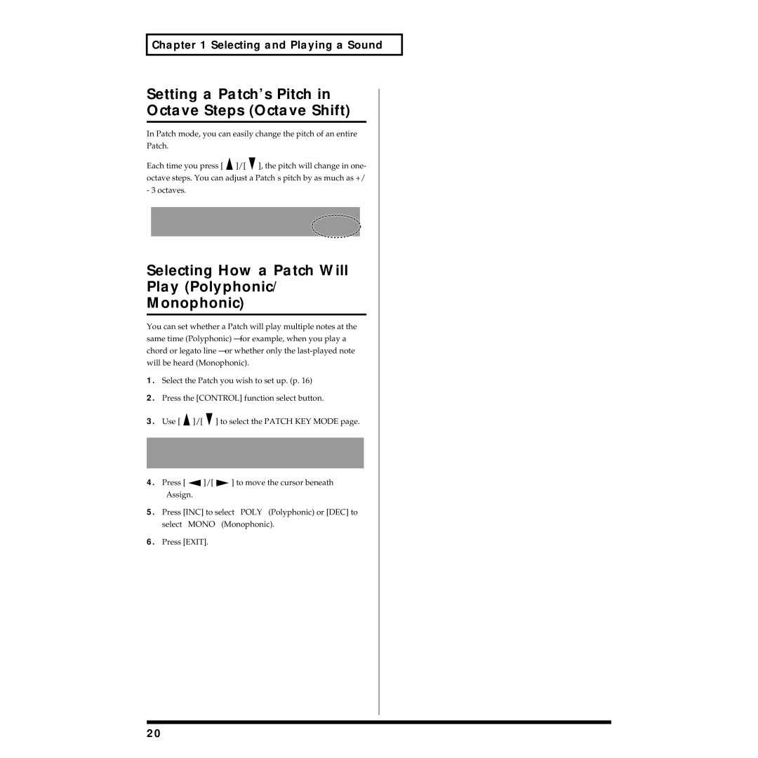 Roland XV-3080 Setting a Patch’s Pitch in Octave Steps Octave Shift, Selecting How a Patch Will Play Polyphonic Monophonic 