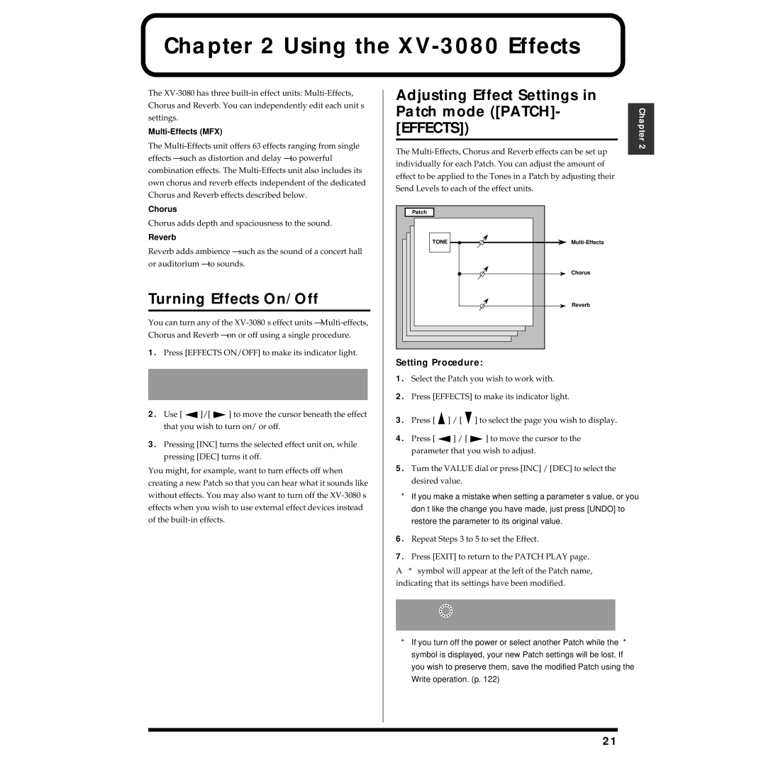 Roland Using the XV-3080 Effects, Turning Effects On/Off, Adjusting Effect Settings in Patch mode PATCH- Effects 