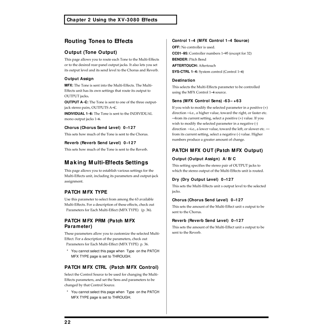 Roland XV-3080 owner manual Routing Tones to Effects, Making Multi-Effects Settings, Patch MFX Type 