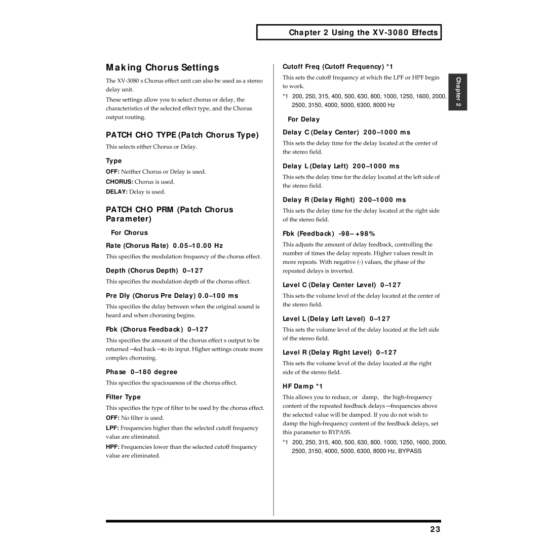 Roland XV-3080 owner manual Making Chorus Settings, Patch CHO Type Patch Chorus Type, Patch CHO PRM Patch Chorus Parameter 