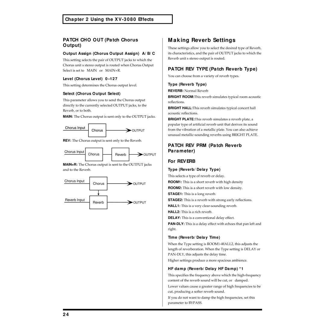 Roland owner manual Making Reverb Settings, Using the XV-3080 Effects Patch CHO OUT Patch Chorus Output 