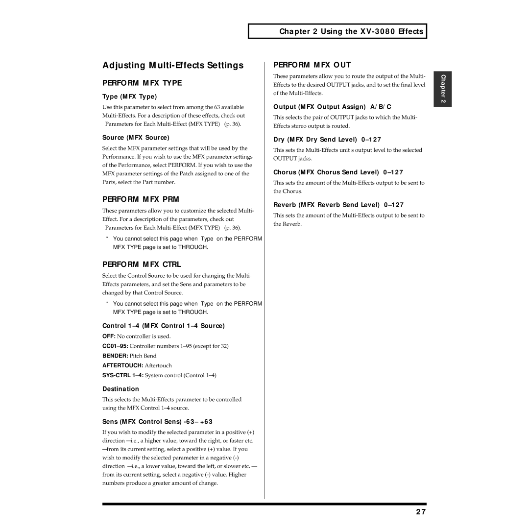 Roland XV-3080 Adjusting Multi-Effects Settings, Perform MFX Type, Perform MFX PRM, Perform MFX Ctrl, Perform MFX OUT 