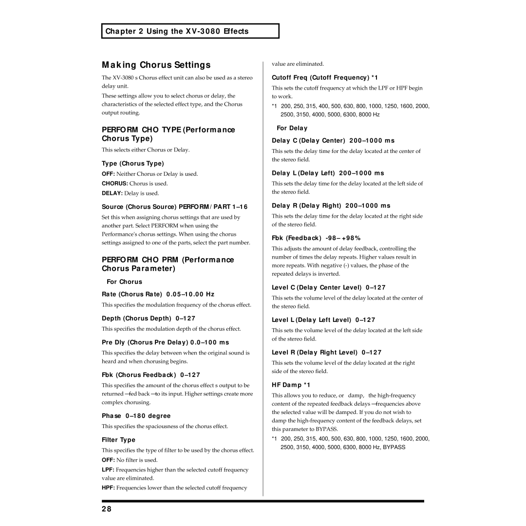 Roland XV-3080 Perform CHO Type Performance Chorus Type, Perform CHO PRM Performance Chorus Parameter, Type Chorus Type 