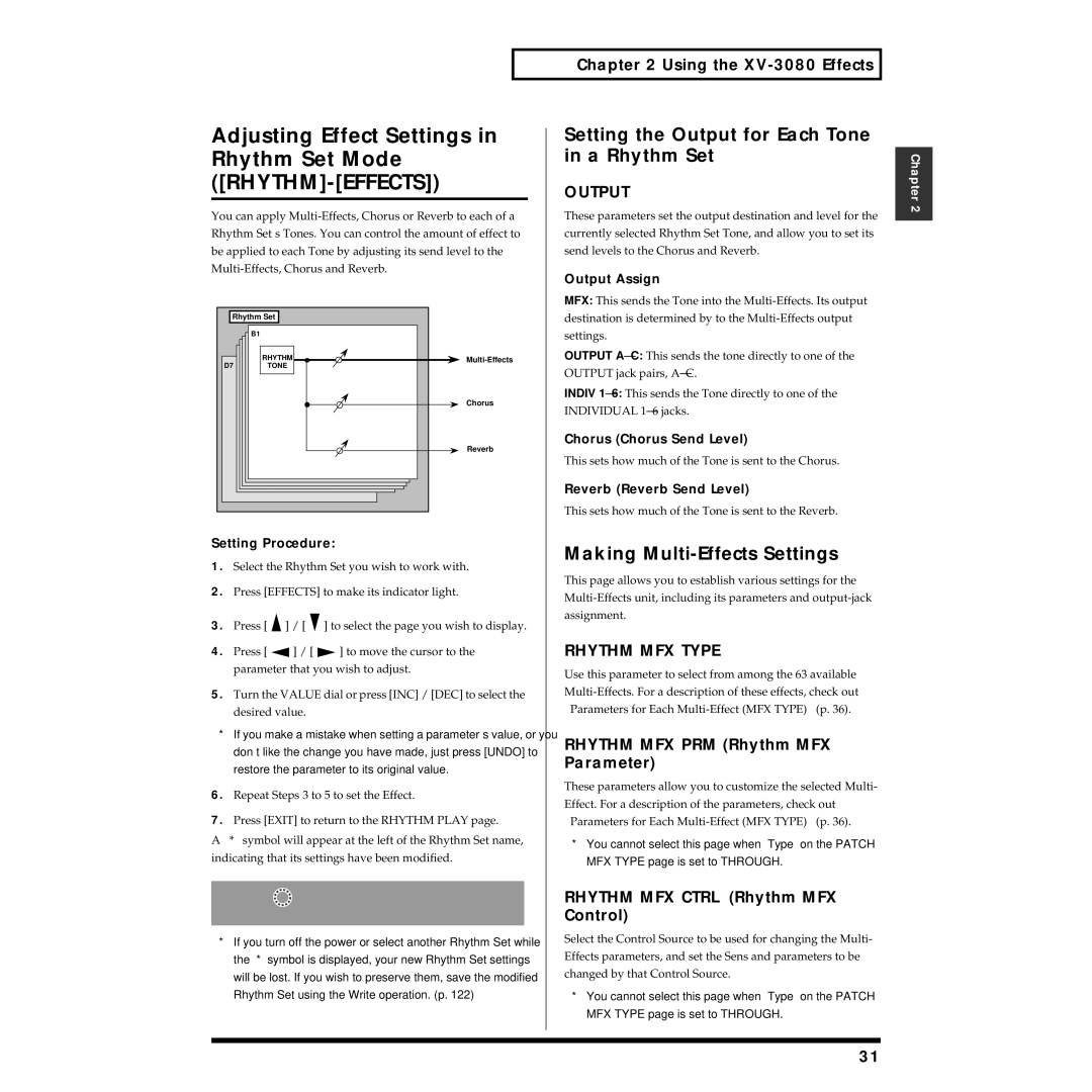 Roland XV-3080 owner manual Adjusting Effect Settings in Rhythm Set Mode RHYTHM-EFFECTS, Rhythm MFX Type 