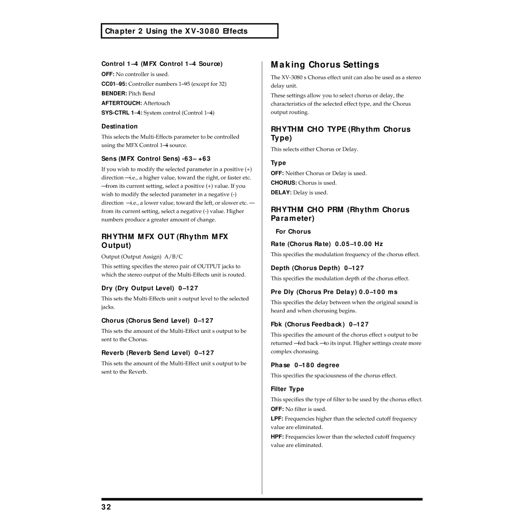 Roland XV-3080 owner manual Rhythm MFX OUT Rhythm MFX Output, Rhythm CHO Type Rhythm Chorus Type 