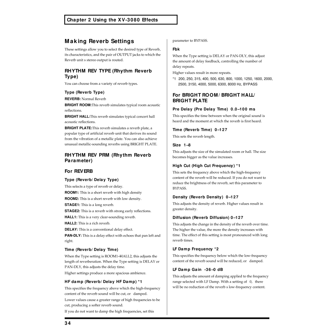 Roland XV-3080 owner manual Rhythm REV Type Rhythm Reverb Type, Rhythm REV PRM Rhythm Reverb Parameter For Reverb 