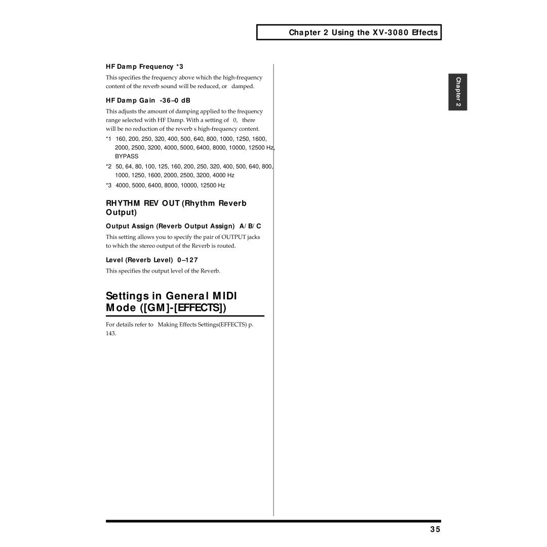 Roland XV-3080 owner manual Settings in General Midi Mode GM-EFFECTS, Rhythm REV OUT Rhythm Reverb Output 