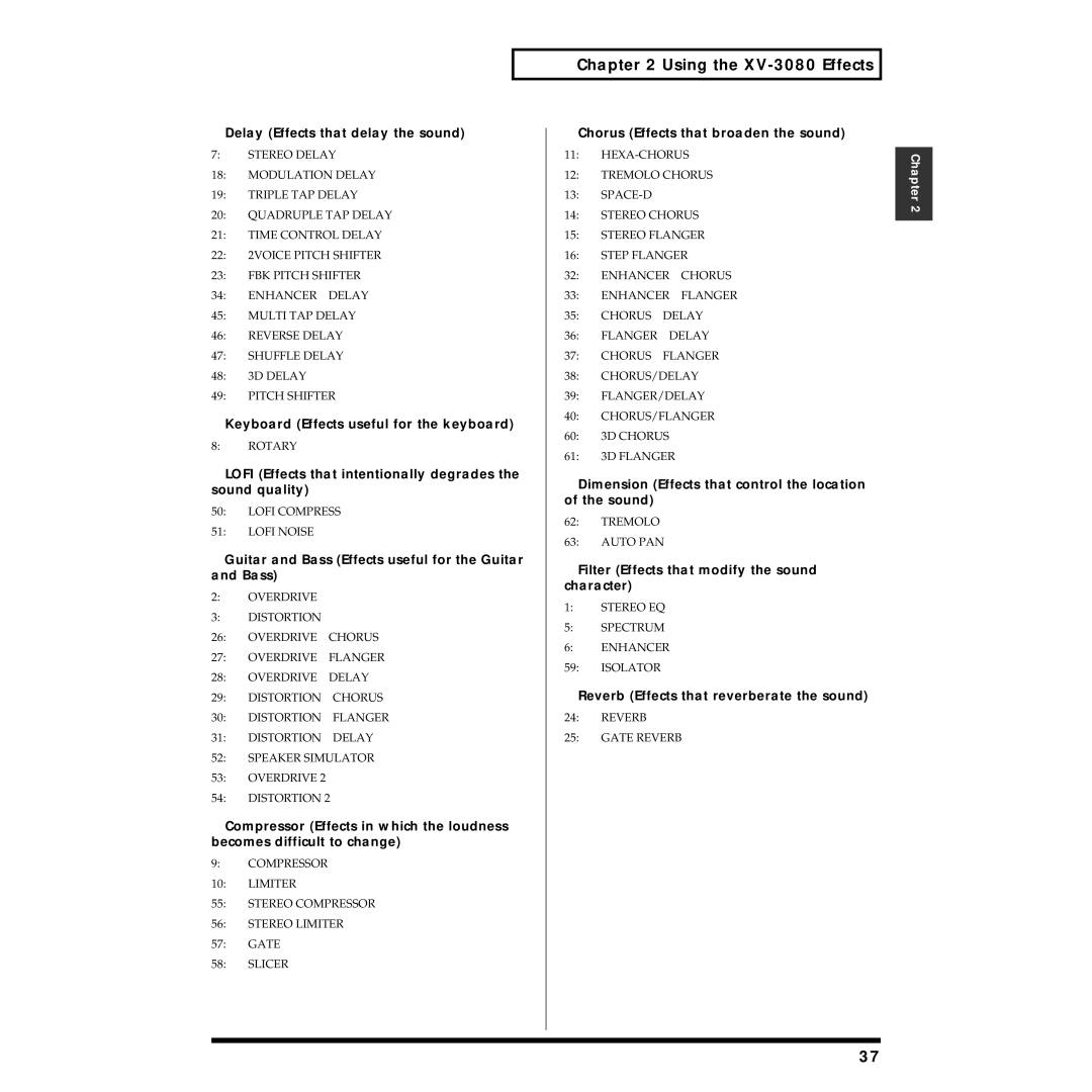 Roland XV-3080 owner manual Delay Effects that delay the sound, Keyboard Effects useful for the keyboard 
