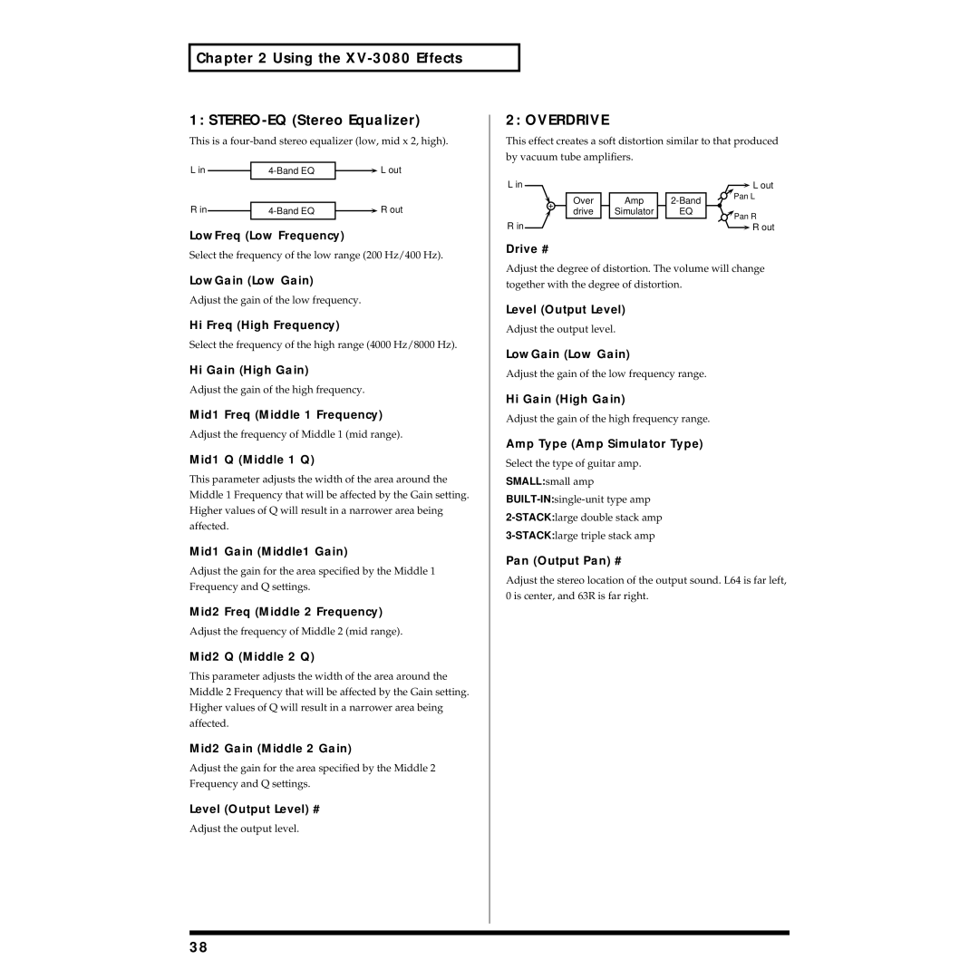 Roland owner manual Using the XV-3080 Effects STEREO-EQ Stereo Equalizer, Overdrive 